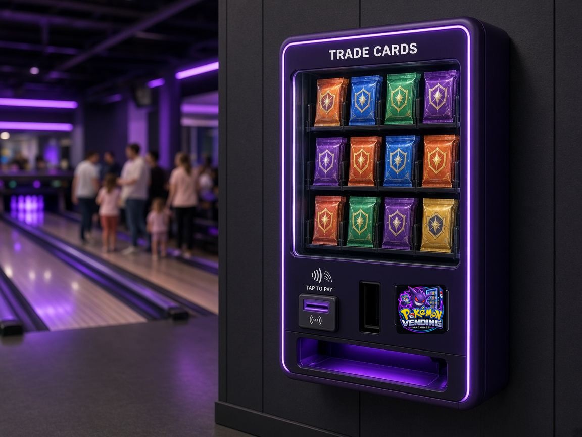 Illustrative mock-up of a compact wall-mounted trading card vending machine in a bowling alley