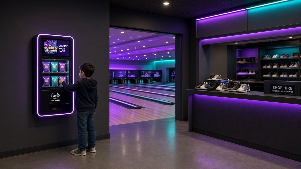 Illustrative mock-up of a compact wall-mounted vending machine in a venue